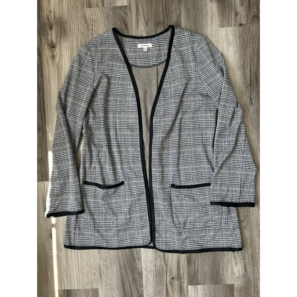 Max Studio Open Front Cardigan Blazer Black White Plaid Contrast Trim S Career